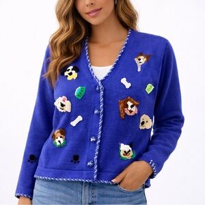 Vintage Jack B Quick Doggie Cardigan Sweater Royal Blue Appliqué See Measurement